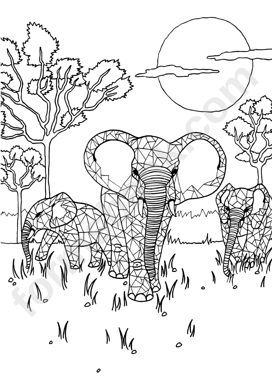 Family Of Elephants Large Coloring Sheet