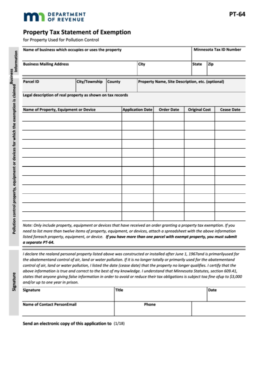 Fillable Form Pt-64 - Property Tax Statement Of Exemption Printable pdf