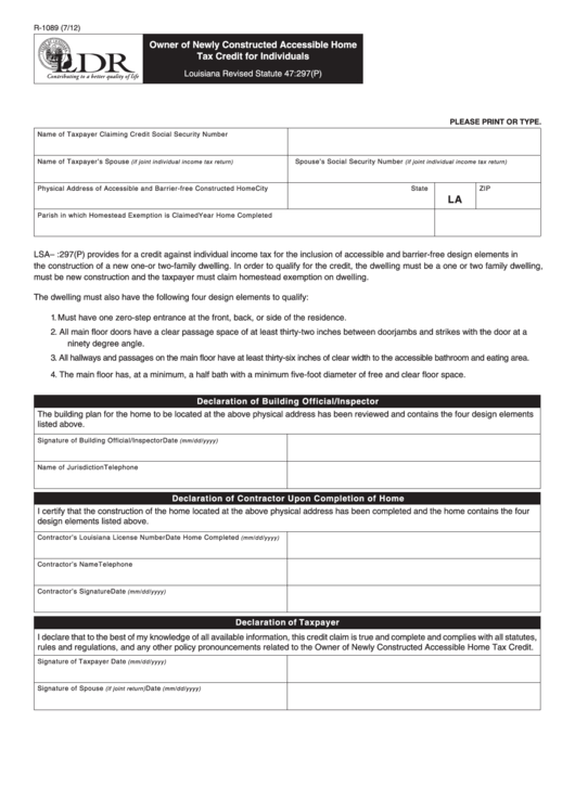 Fillable Form R-1089 - Owner Of Newly Constructed Accessible Home Tax Credit For Individuals Printable pdf