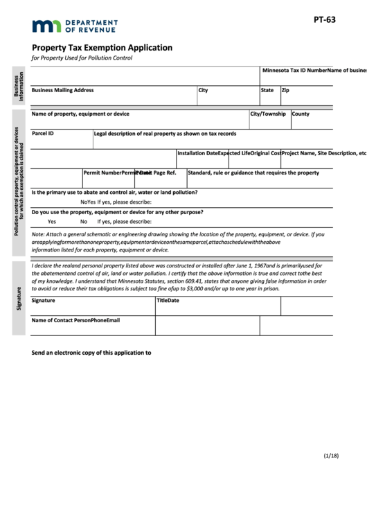 Fillable Foorm Pt-63 - Property Tax Exemption Application Printable pdf