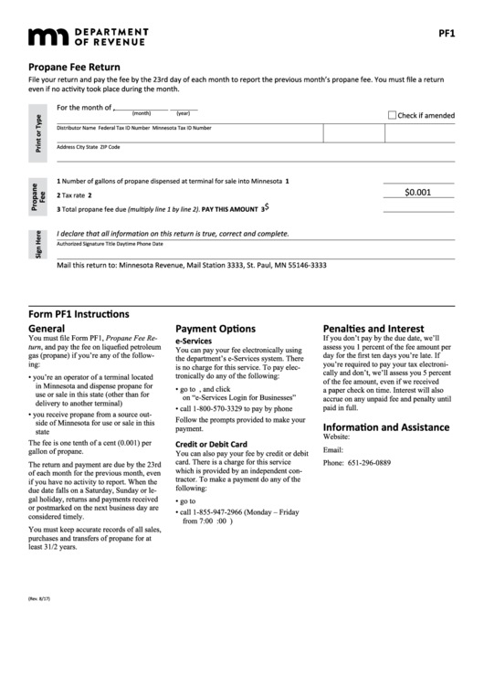 Fillable Form Pf1 - Propane Fee Return Printable pdf