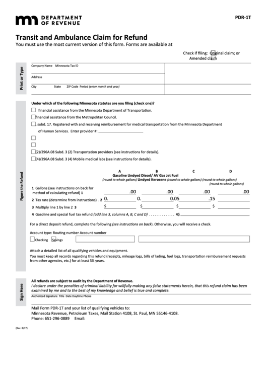Fillable Form Pdr-1t - Transit And Ambulance Claim For Refund Printable pdf