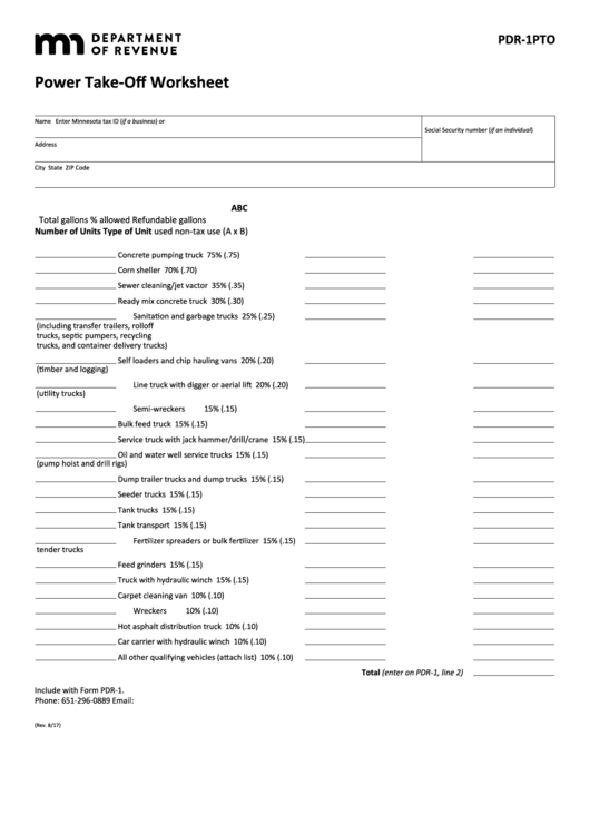 Fillable Schedule Pdr-1pto - Power Take-Off Worksheet Printable pdf