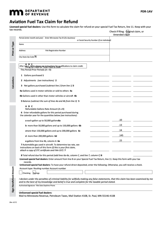 Fillable Form Pdr-1av - Aviation Fuel Tax Claim For Refund Printable pdf