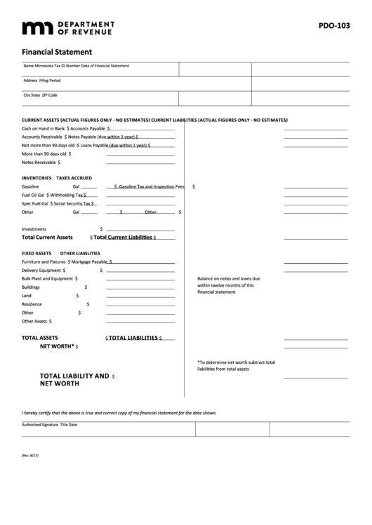 Fillable Form Pdo-103 - Financial Statement Printable pdf