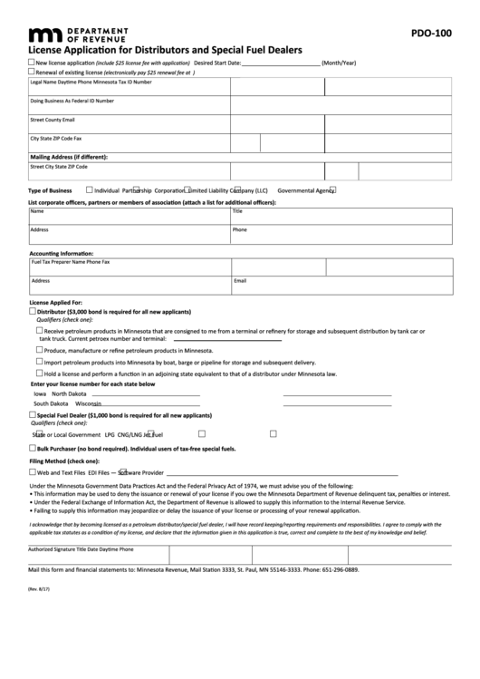 Fillable Form Pdo-100 - License Application For Distributors And Special Fuel Dealers Printable pdf
