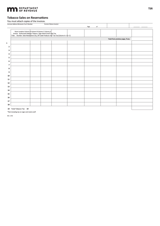Fillable Form Tsr - Tobacco Sales On Reservations Printable pdf