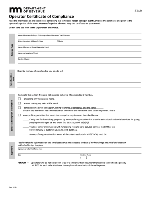 Fillable Form St19 - Operator Certificate Of Compliance Printable pdf