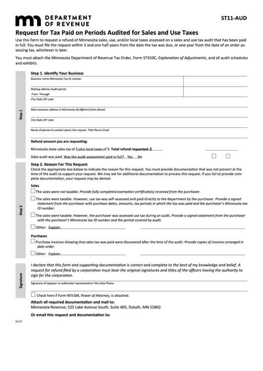 Fillable Form St11-Aud - Request For Tax Paid On Periods Audited For Sales And Use Taxes Printable pdf
