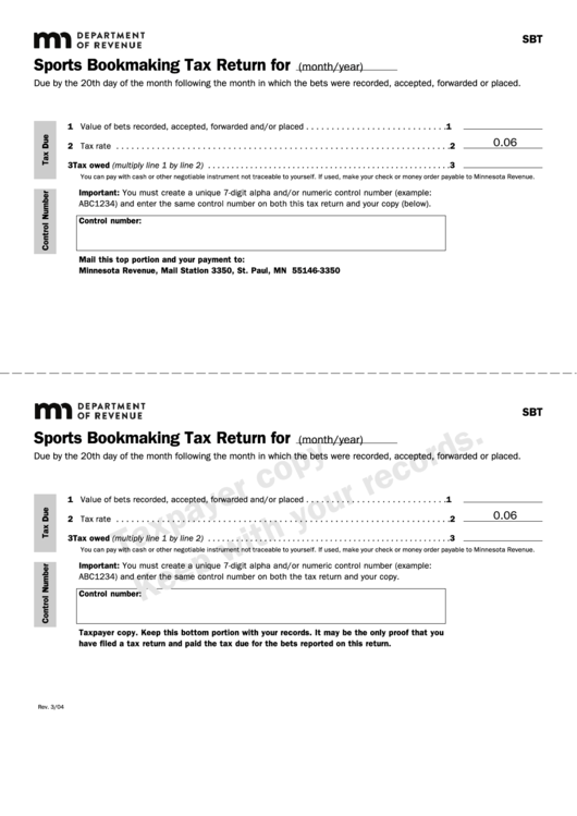 Fillable Form Sbt - Sports Bookmaking Tax Return Printable pdf