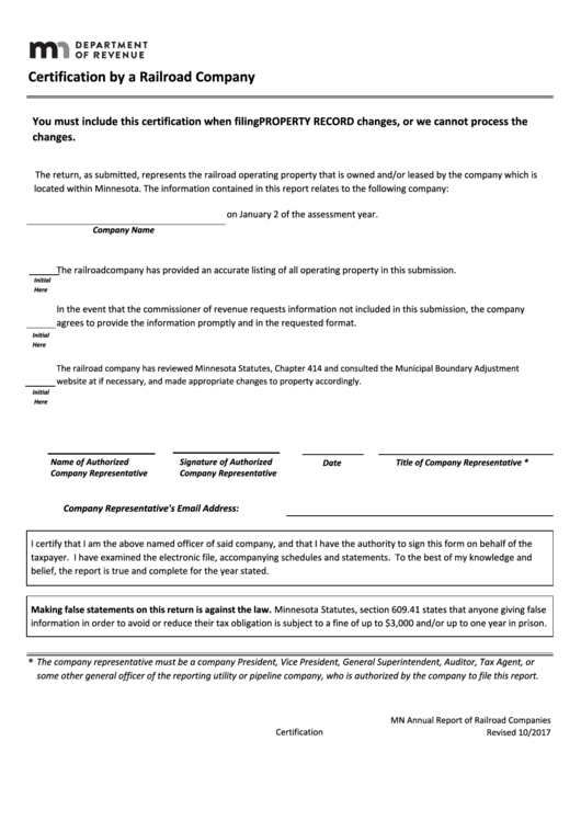 Certification By A Railroad Company - Minnesota Department Of Revenue Printable pdf