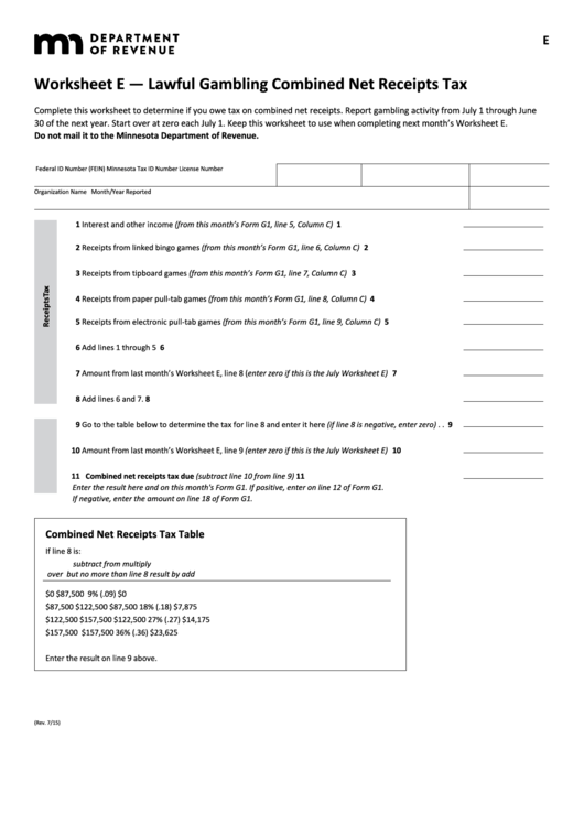 Fillable Worksheet E - Lawful Gambling Combined Net Receipts Tax - Minnesota Department Of Revenue Printable pdf