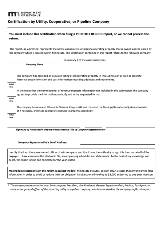 Certification By Utility, Cooperative, Or Pipeline Company - Minnesota Department Of Revenue Printable pdf