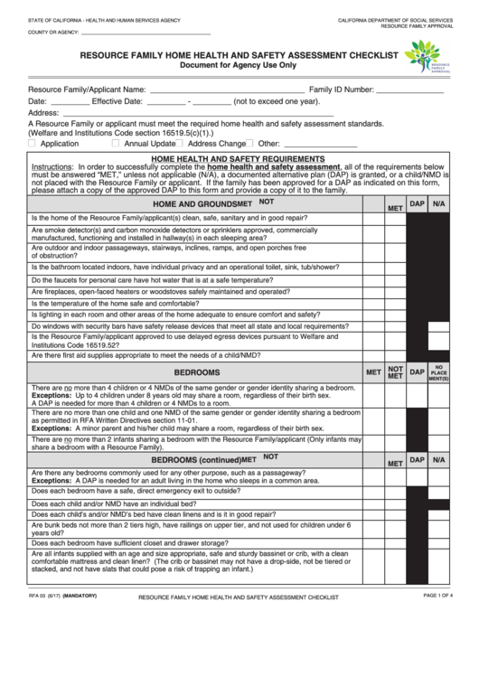Fillable Form Rfa 03 - Resource Family Home Health And Safety Assessment Checklist Printable pdf