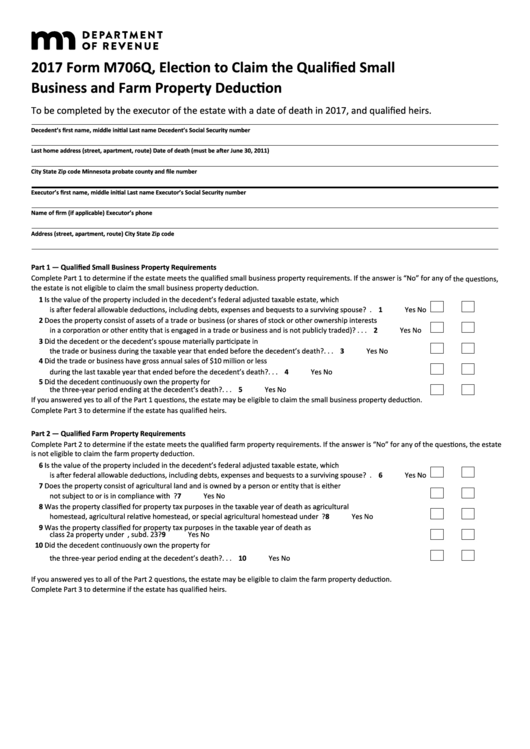 Fillable Form M706q - Election To Claim The Qualified Small Business And Farm Property Deduction - 2017 Printable pdf
