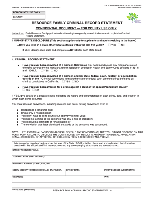 Fillable Form Rfa 01b - Resource Family Criminal Record Statement Printable pdf