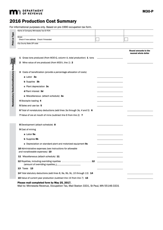 Fillable Form M30-P - Production Cost Summary - 2016 Printable pdf