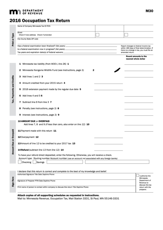 Fillable Form M30 - Occupation Tax Return - 2016 Printable pdf