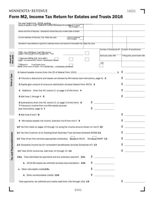 Fillable Form M2 - Income Tax Return For Estates And Trusts - 2016 Printable pdf