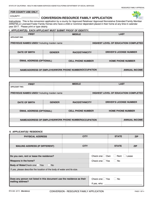 Fillable Form Rfa 00a - Conversion - Resource Family Application Printable pdf