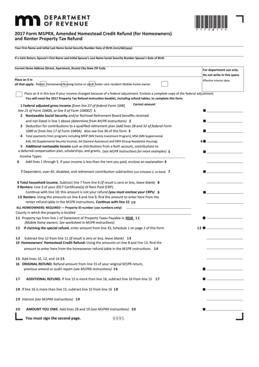 Fillable Form M1prx - Amended Homestead Credit Refund (For Homeowners) And Renter Property Tax Refund - 2017 Printable pdf