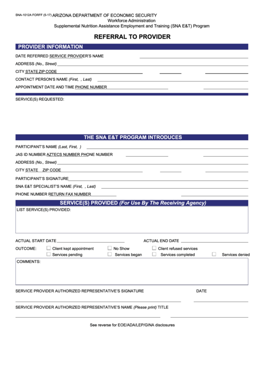 Fillable Form Sna1012a Referral To Provider printable pdf download