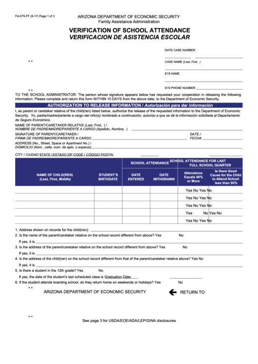 Fillable Form Fa-075 - Verification Of School Attendance Printable pdf