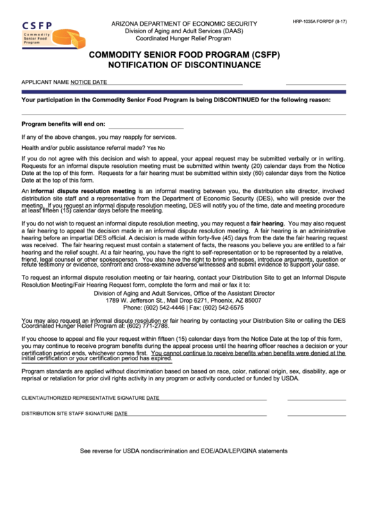 Fillable Form Hrp-1035a - Commodity Senior Food Program (Csfp) Notification Of Discontinuance Printable pdf