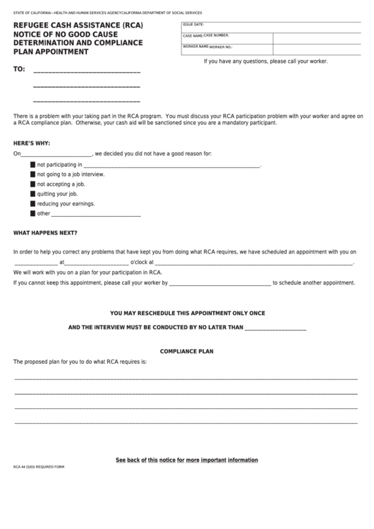 Fillable Form Rca 44 - Refugee Cash Assisstance (Rca) - Notice Of No Good Cause - Determination And Compliance Plan Appointment Printable pdf