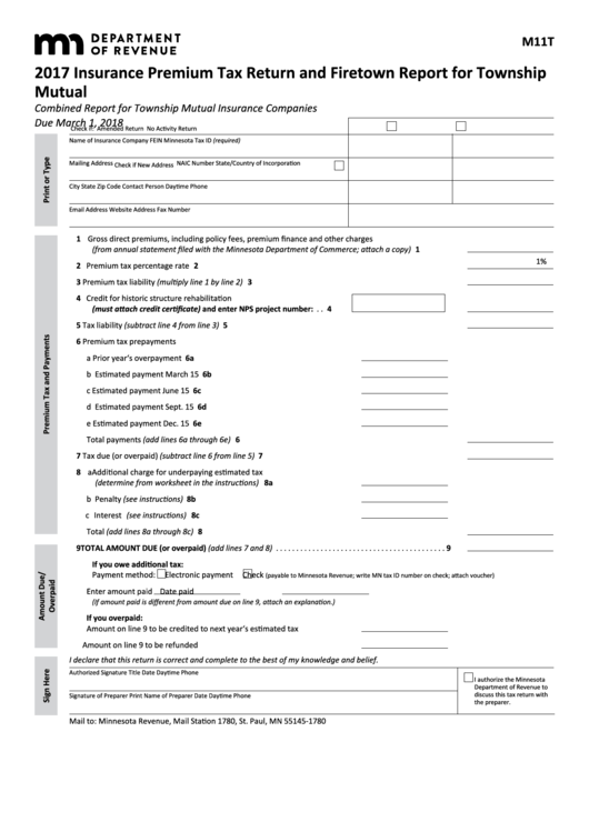Fillable Form M11t - Insurance Premium Tax Return And Firetown Report For Township Mutual - 2017 Printable pdf
