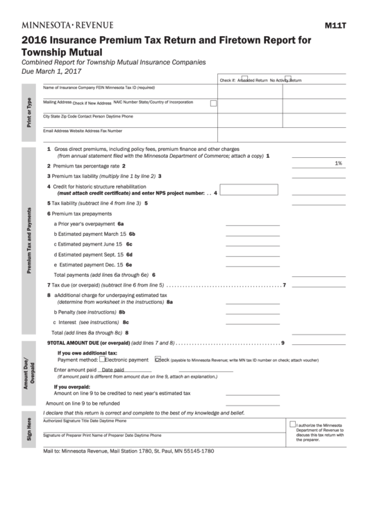 Fillable Form M11t - Insurance Premium Tax Return And Firetown Report For Township Mutual - 2016 Printable pdf