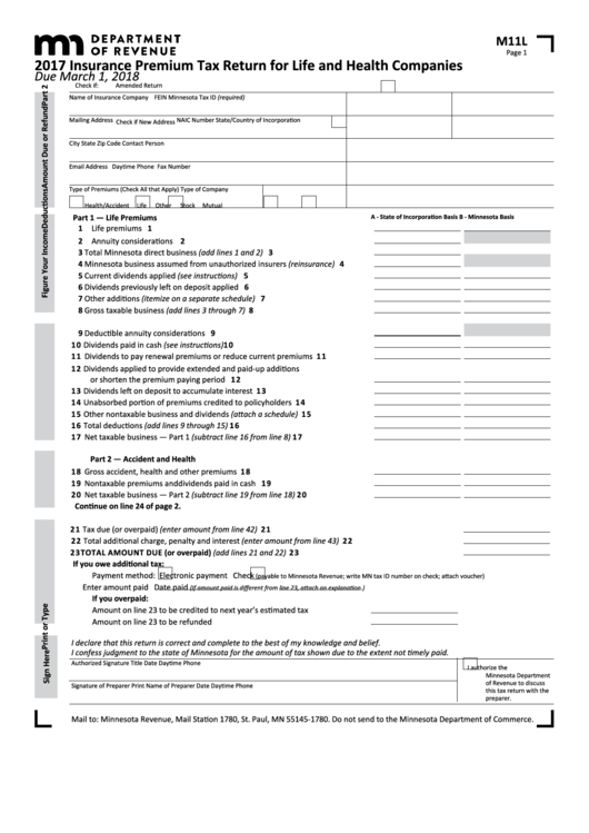 Fillable Form M11l - Insurance Premium Tax Return For Life And Health Companies - 2017 Printable pdf