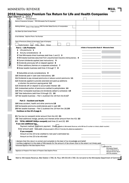 Fillable Form M11l - Insurance Premium Tax Return For Life And Health Companies - 2016 Printable pdf