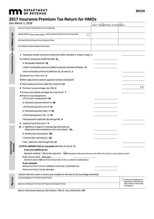 Fillable Form M11h - Insurance Premium Tax Return For Hmos - 2017 Printable pdf
