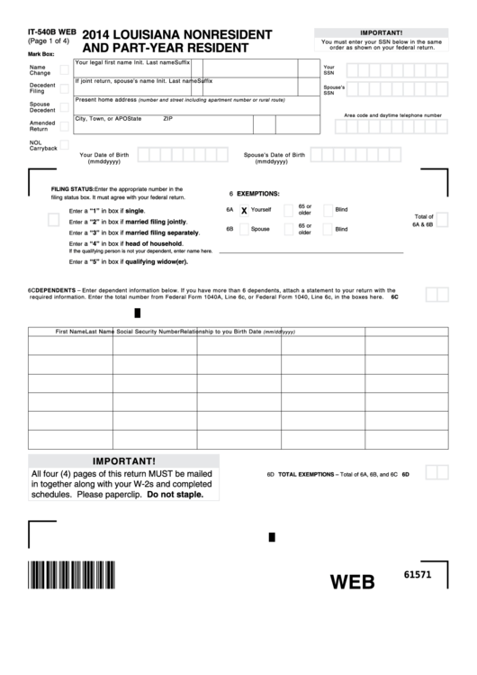 Fillable Form It-540b Web - Louisiana Nonresident And Part-Year Resident - 2014 Printable pdf