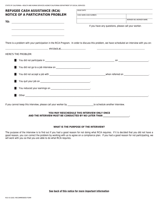 Fillable Form Rca 43 - Refugee Cash Assisstance (Rca) - Notice Of A Participation Problem Printable pdf