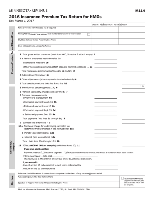 Fillable Form M11h - Insurance Premium Tax Return For Hmos - 2016 Printable pdf