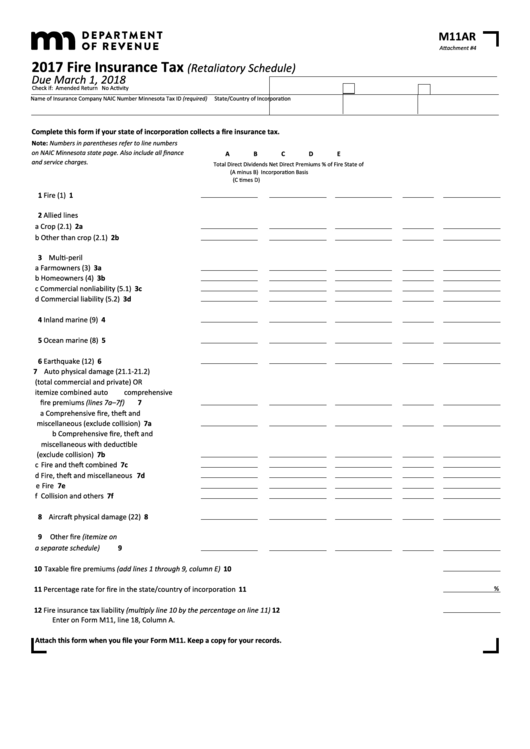 Fillable Form M11ar - Fire Insurance Tax - 2017 Printable pdf