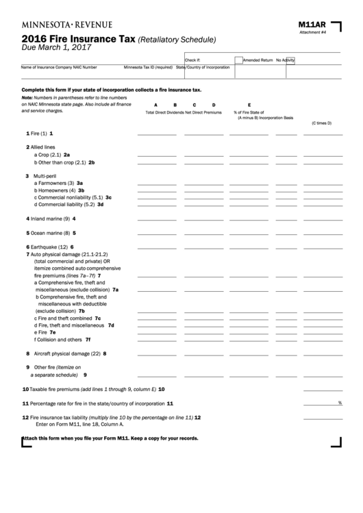 Fillable Form M11ar - Fire Insurance Tax - 2016 Printable pdf