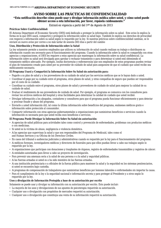 Instructions For Form Des-1077a - Aviso Sobre Las Practicas De Confidencialidad Printable pdf