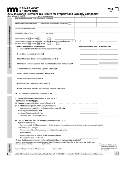 Fillable Form M11 - Insurance Premium Tax Return For Property And Casualty Companies - 2017 Printable pdf