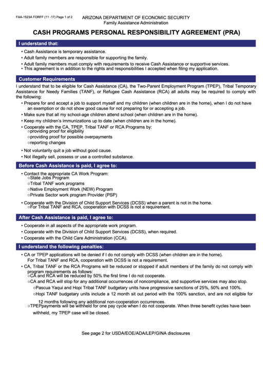 Fillable Form Faa-1523a - Cash Programs Personal Responsibility Agreement (Pra) Printable pdf