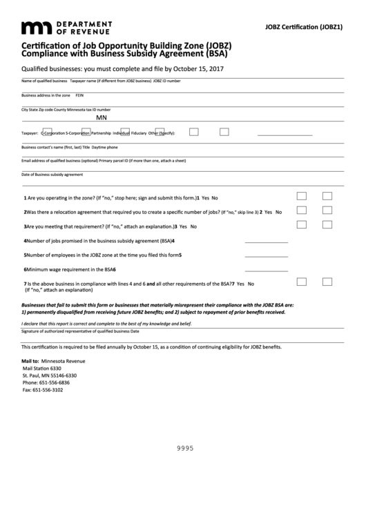 Fillable Form Jobz - Certification Of Job Opportunity Building Zone (Jobz) Compliance With Business Subsidy Agreement (Bsa) Printable pdf