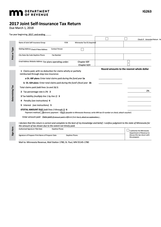 Fillable Form Ig263 - Joint Self-Insurance Tax Return - 2017 Printable pdf