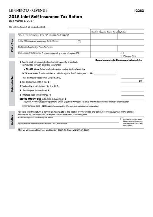 Fillable Form Ig263 - Joint Self-Insurance Tax Return - 2016 Printable pdf