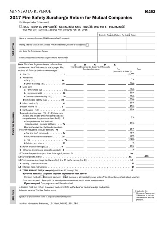 Fillable Form Ig262 - Fire Safety Surcharge Return For Mutual Companies - 2017 Printable pdf
