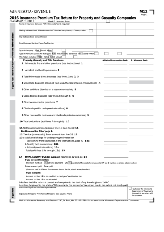Fillable Form M11 - Insurance Premium Tax Return For Property And Casualty Companies - 2016 Printable pdf