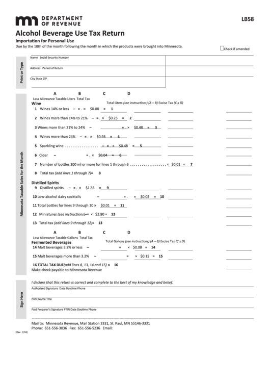 Fillable Form Lb58 - Alcohol Beverage Use Tax Return Printable pdf