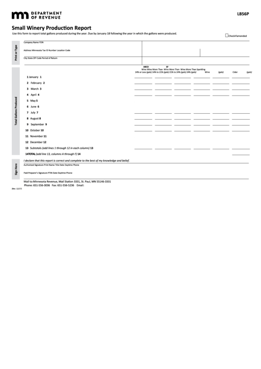 Fillable Form Lb56p - Small Winery Production Report Printable pdf