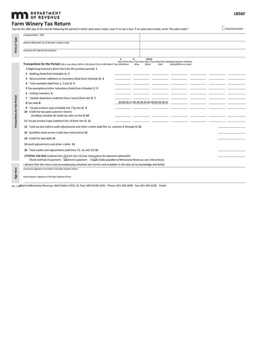 Fillable Form Lb56f - Farm Winery Tax Return Printable pdf
